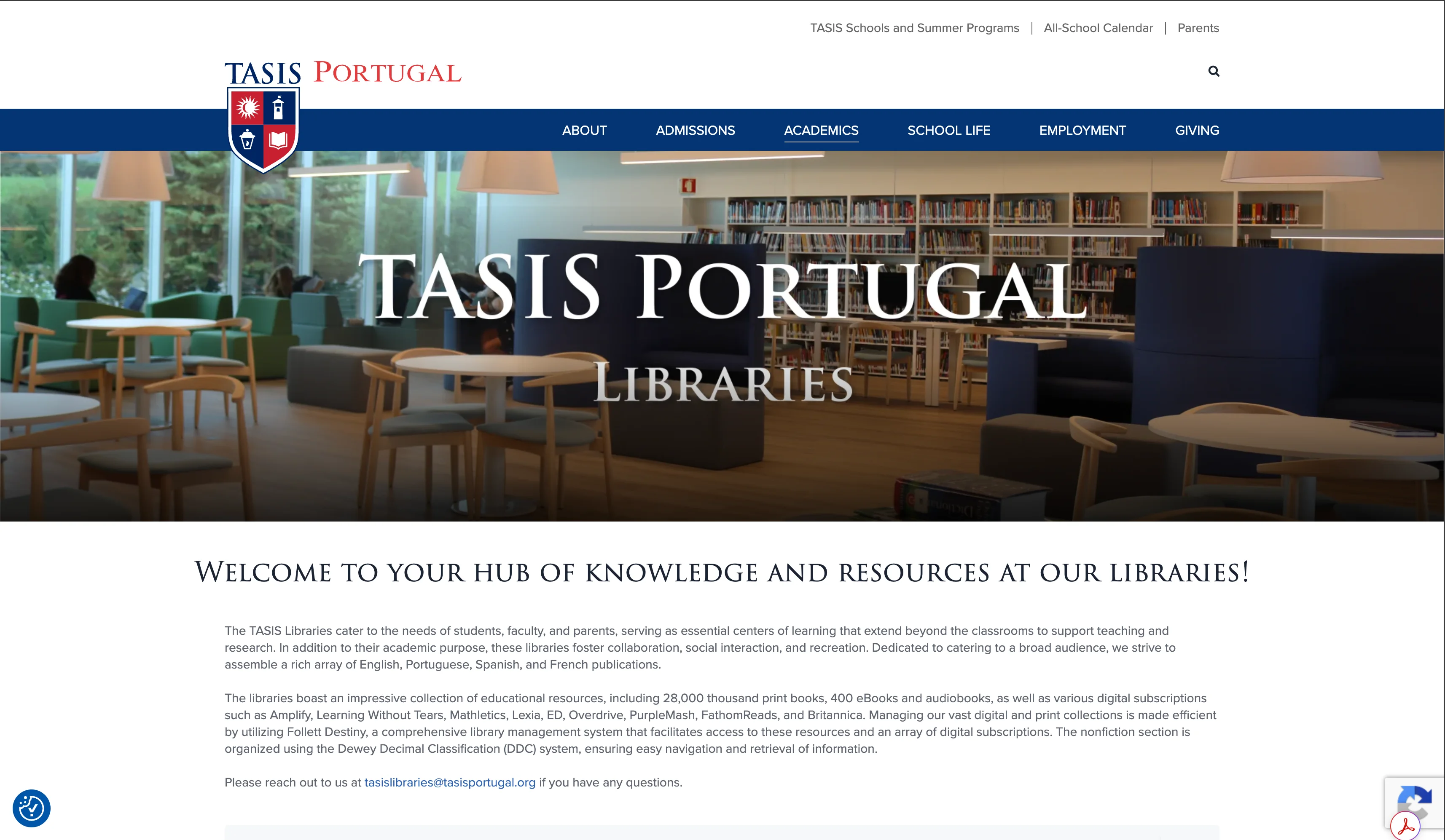 Top of the TASIS Portugal Libraries page, with hours, location, and primary services surfaced first.