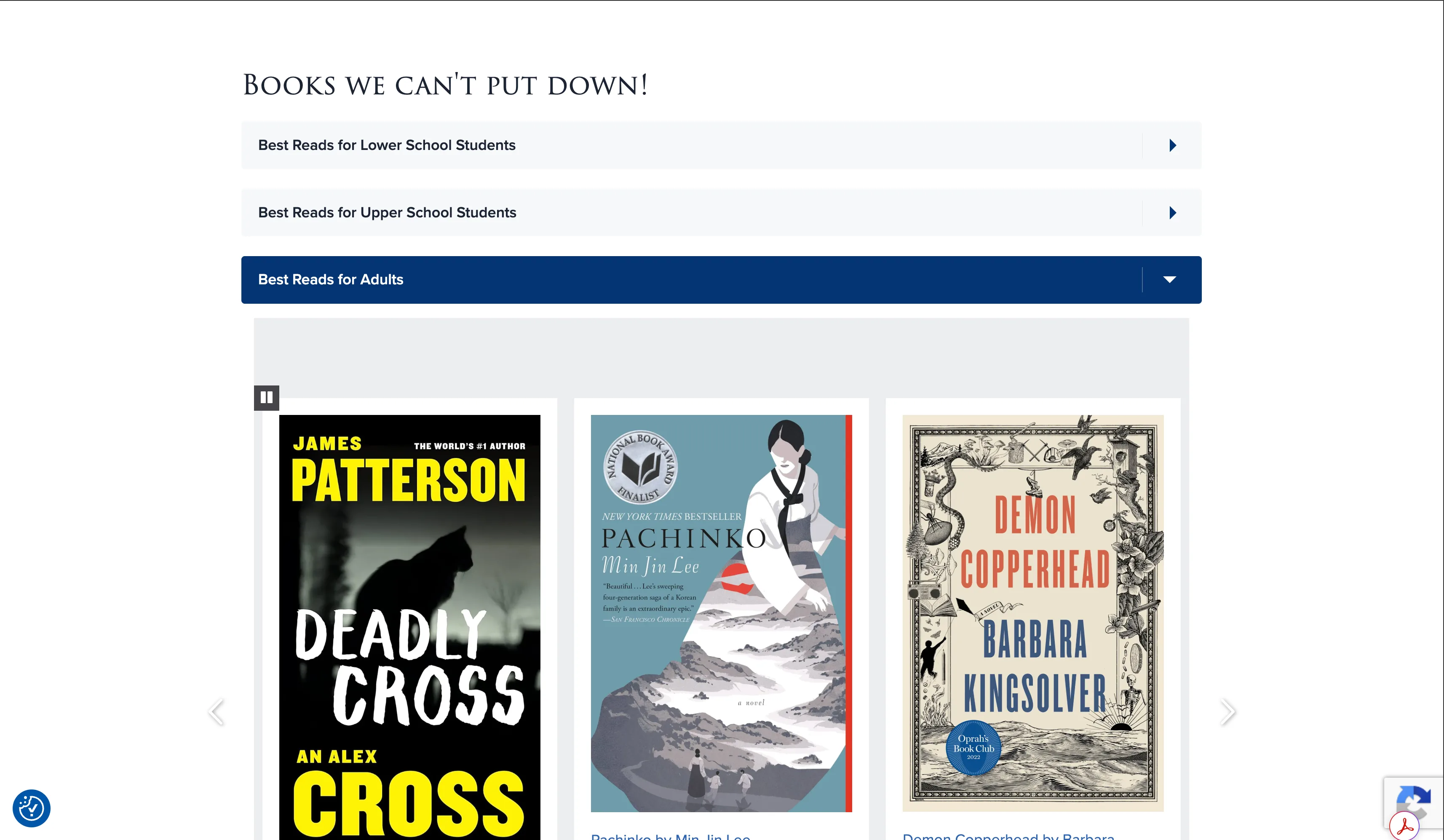 Reading recommendations section of the TASIS Portugal Libraries page, with curated book cards showing cover imagery and short descriptions.