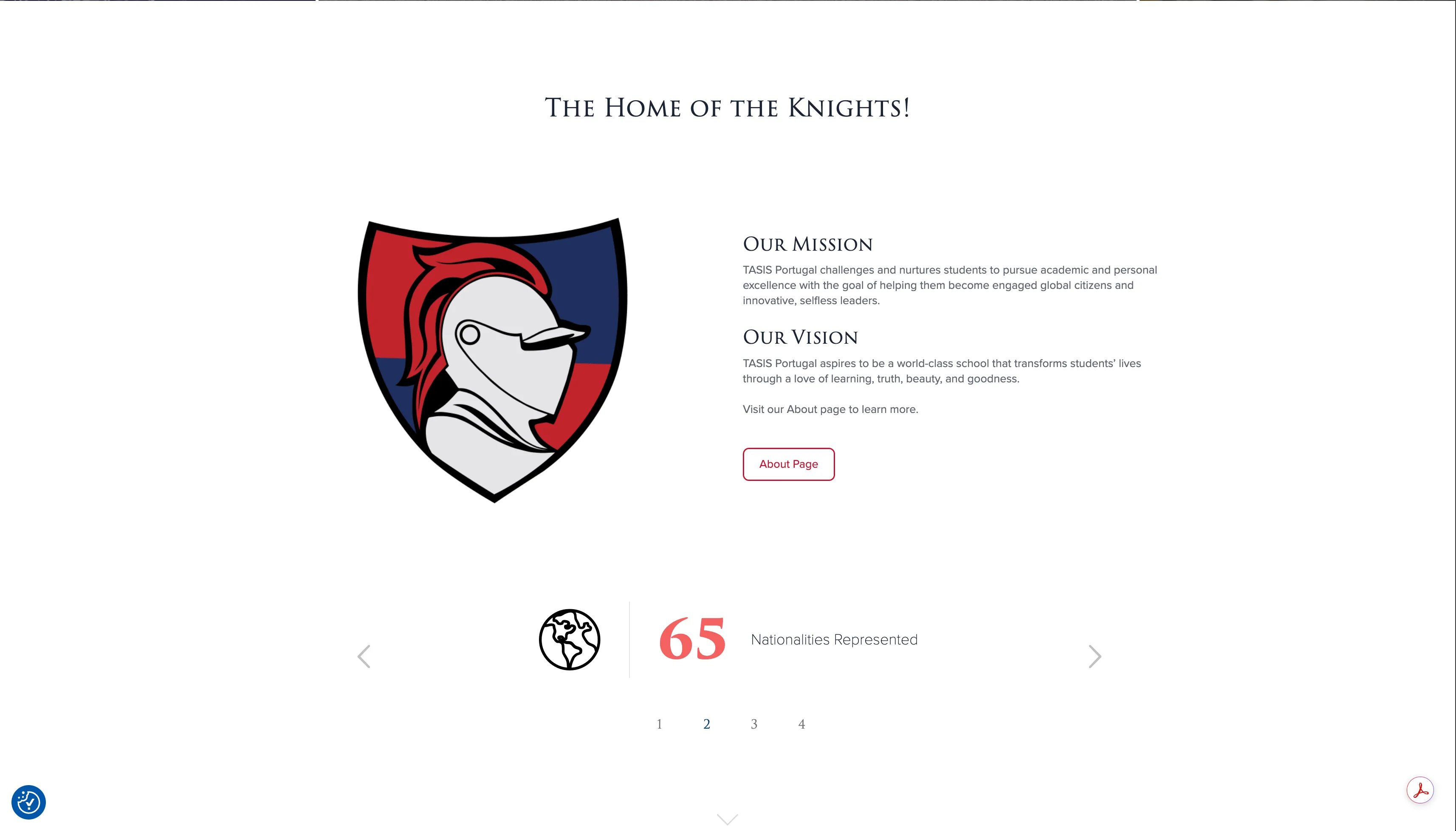 Values section of the redesigned TASIS Portugal homepage, with a clear three-up content hierarchy.