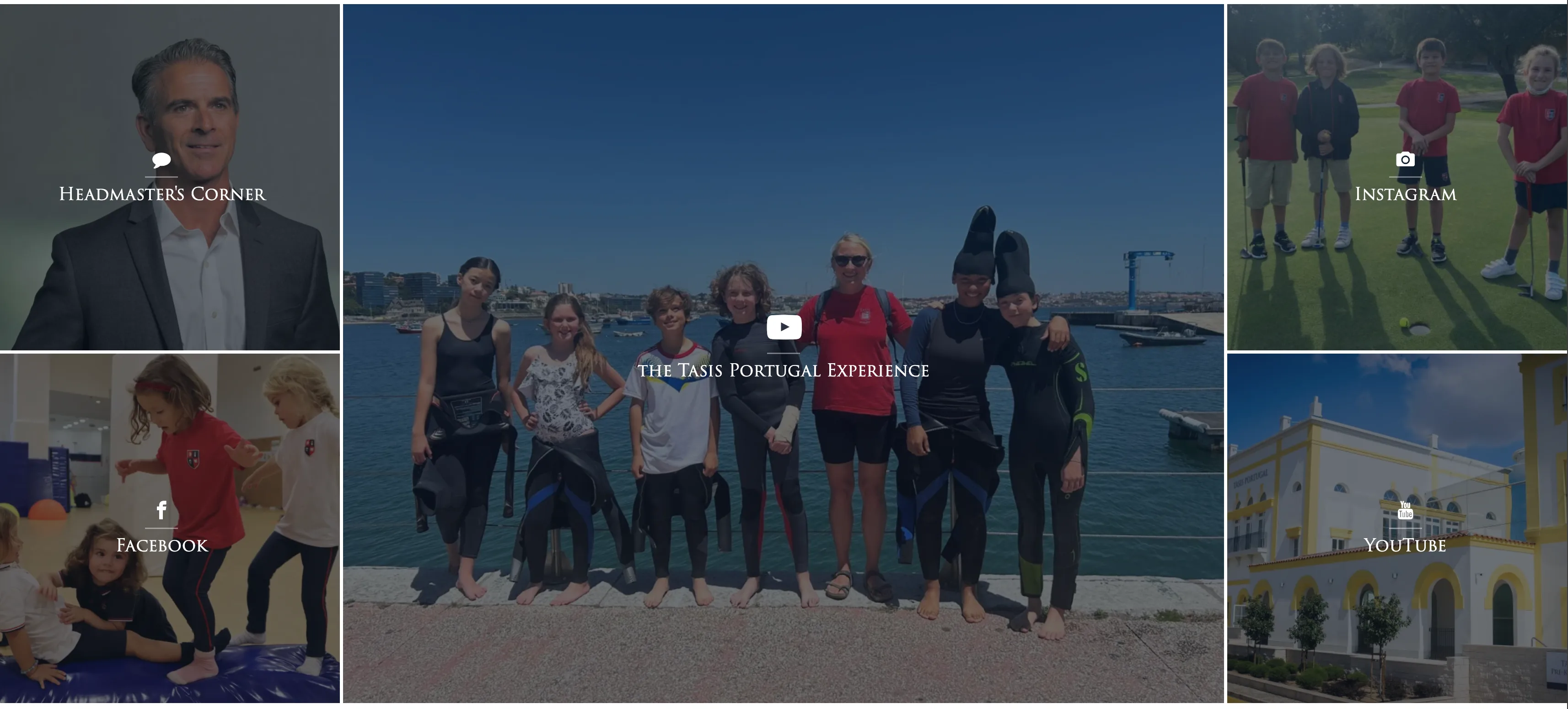 Media grid section of the redesigned TASIS Portugal homepage, showing campus life through paced photography.