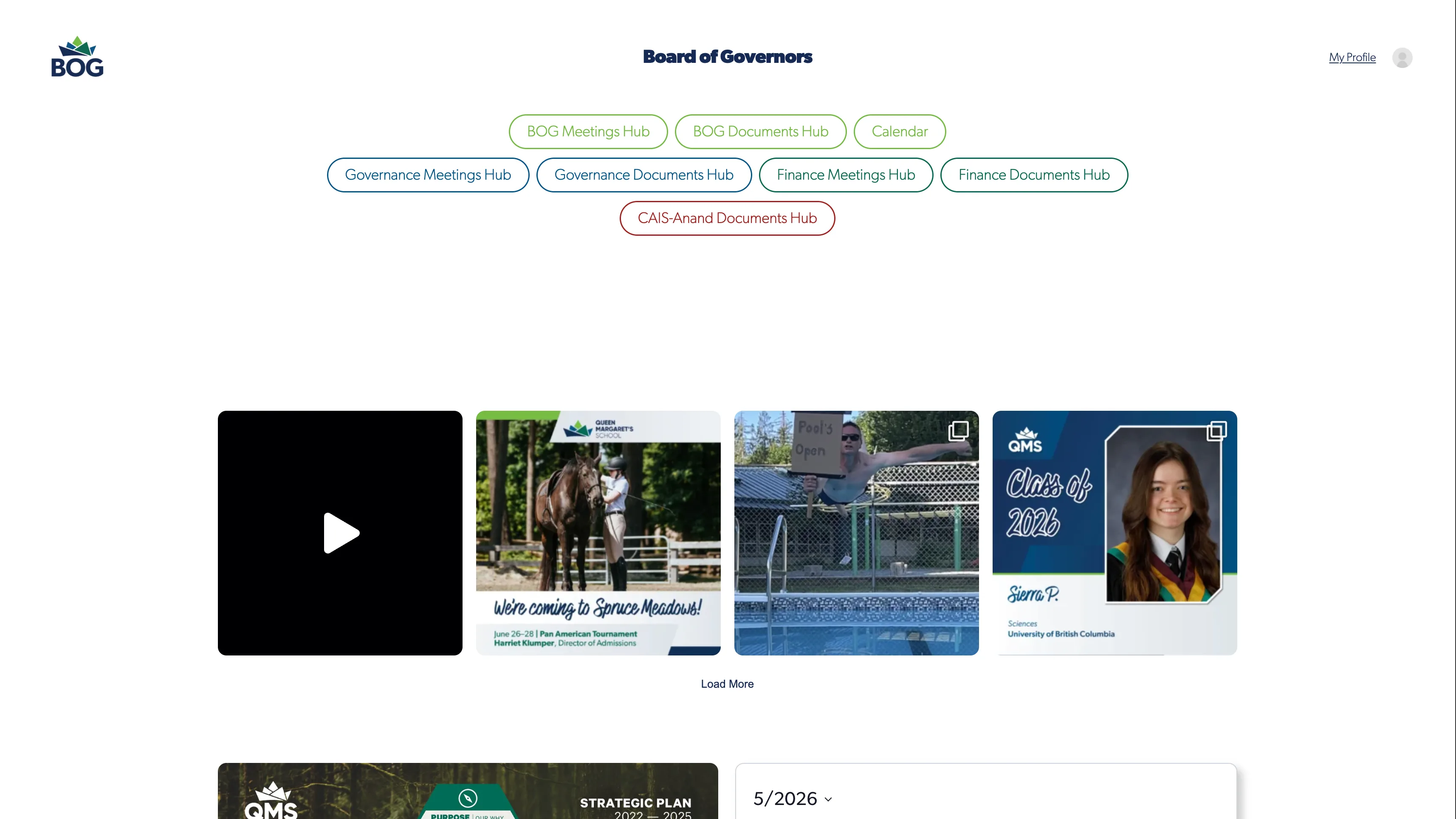 Queen Margaret's School Board of Governors portal dashboard, with role-aware tiles for Board, Finance Committee, Governance Committee, and Calendar.